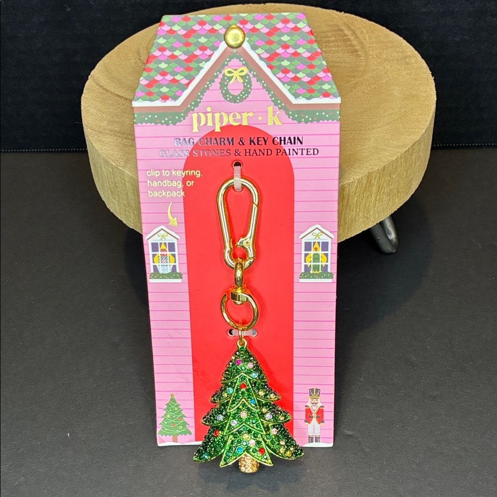 Piper K  Christmas Tree Keychain/Bag Charm Bejeweled with Colored Rhinestones.